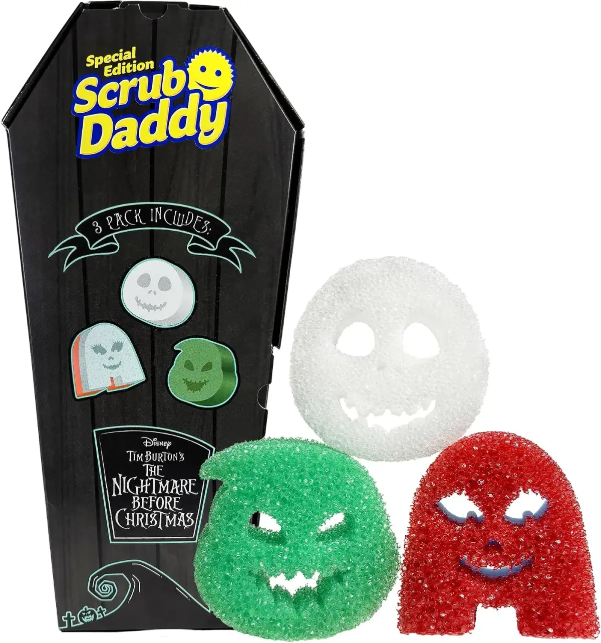 Special Edition Scrub Daddy coffin package with three colorful Nightmare Before Christmas character sponges in white, green, and red; spooky, playful design.