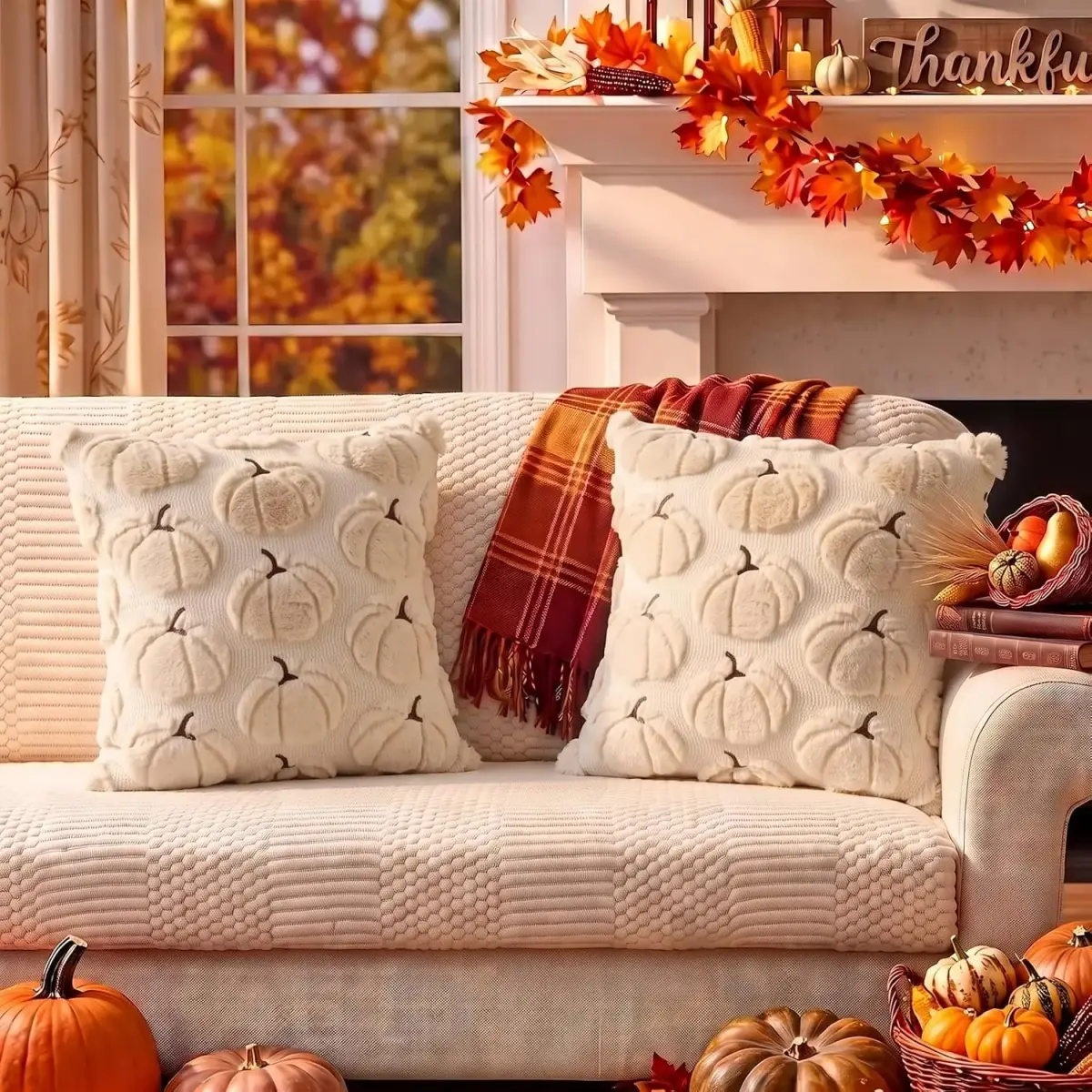 Cozy autumn living room with pumpkin-patterned pillows, plaid blanket, orange leaf garland, pumpkins, and warm sunlight on a cream sofa.