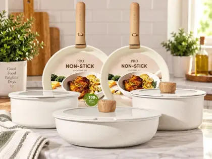 CAROTE 21-Piece Nonstick Cookware Set with Detachable Handles, White