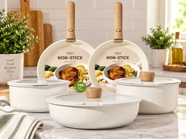 CAROTE 21-piece white nonstick cookware set CAROTE pots and pans with detachable handles White stackable cookware set for small kitchens CAROTE induction-compatible cookware set with lids