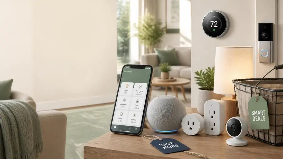 Smart home essentials arranged in a cozy modern living room, including a smartphone, smart speaker, smart lamp, smart plugs, security camera, video doorbell, and thermostat.
