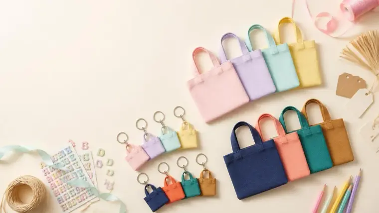 Pastel miniature tote bags and keychains arranged on a cream background with craft supplies, colorful pencils, tags, and alphabet stickers.