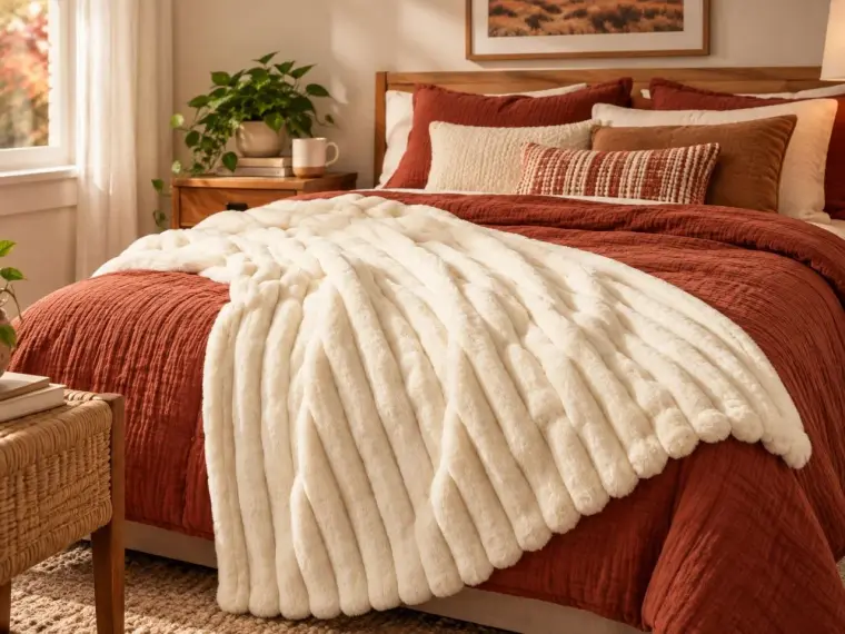 Cozy bedroom with a rust-red quilted bed, plush cream ribbed throw, layered pillows, warm sunlight, plants, and inviting decor.