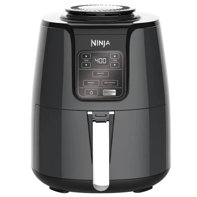 Black Ninja air fryer with digital control panel, 400-degree display, buttons, and silver handle, shown front-facing on a white background.