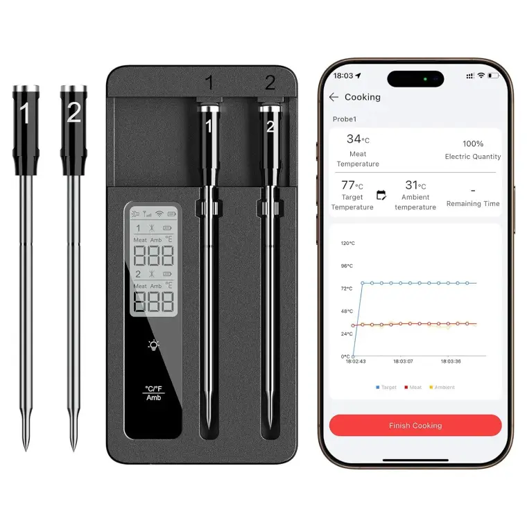 Dual-probe wireless meat thermometer with numbered probes, digital display, storage case, and smartphone cooking app showing temperature graphs.