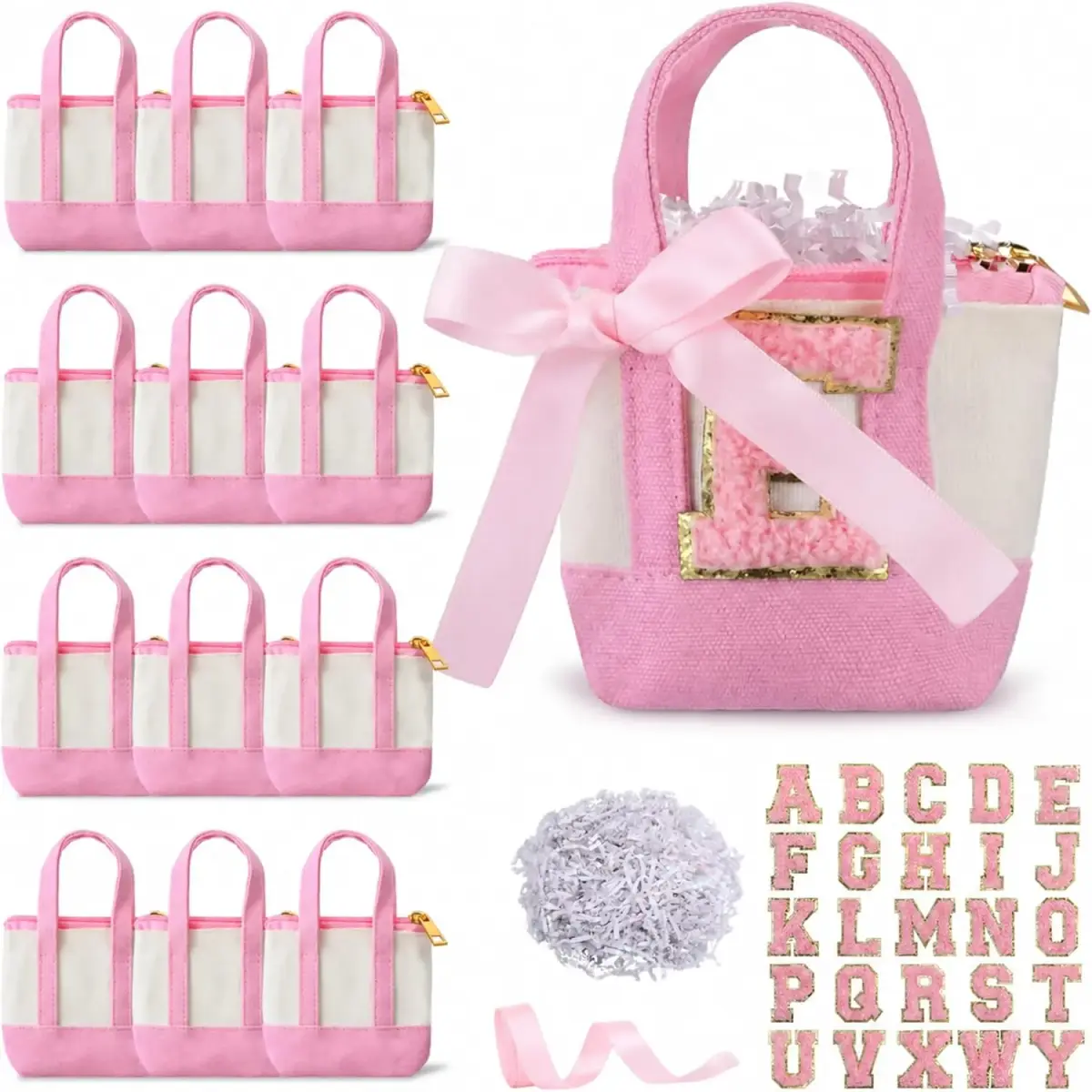 Collage of pink-and-white pencil cases: four long zip pouches, a bow-decorated bag, shredded filler, ribbon, and glitter alphabet letters.