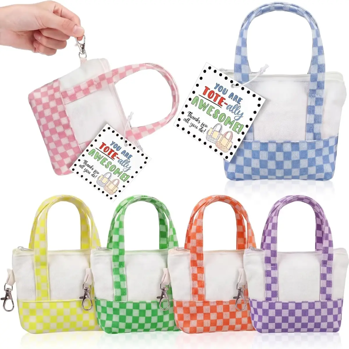 Six small white tote bags with pink, blue, yellow, green, orange, and purple gingham trim; “You are totally awesome!” tags add a cheerful tone.