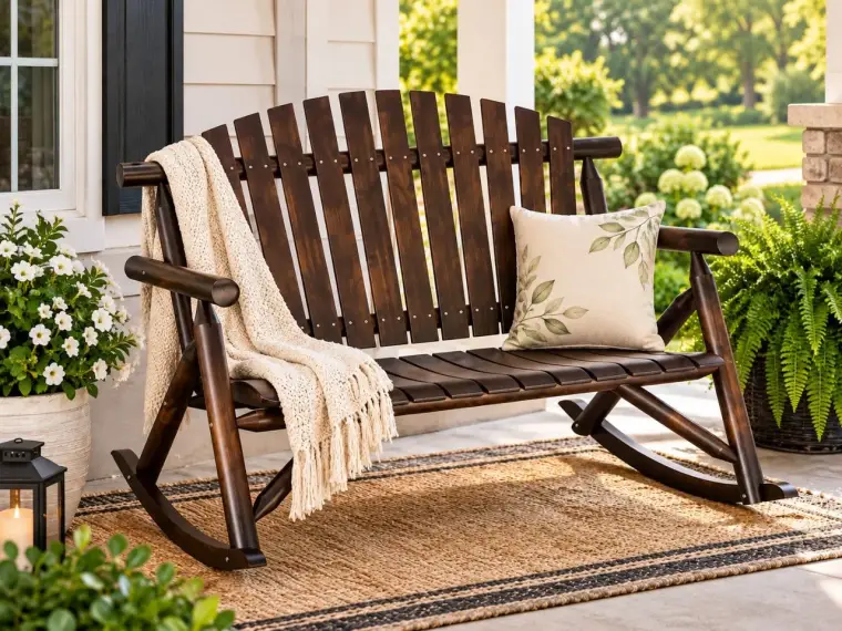 Cozy dark wood porch swing with cream throw and leaf-patterned pillow, set on a woven rug beside flowers and ferns in a sunny garden.