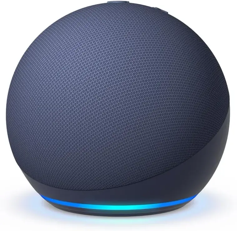A dark charcoal, fabric-covered smart speaker sits against a white background, its rounded body traced by a glowing blue light ring, suggesting a sleek, modern design.