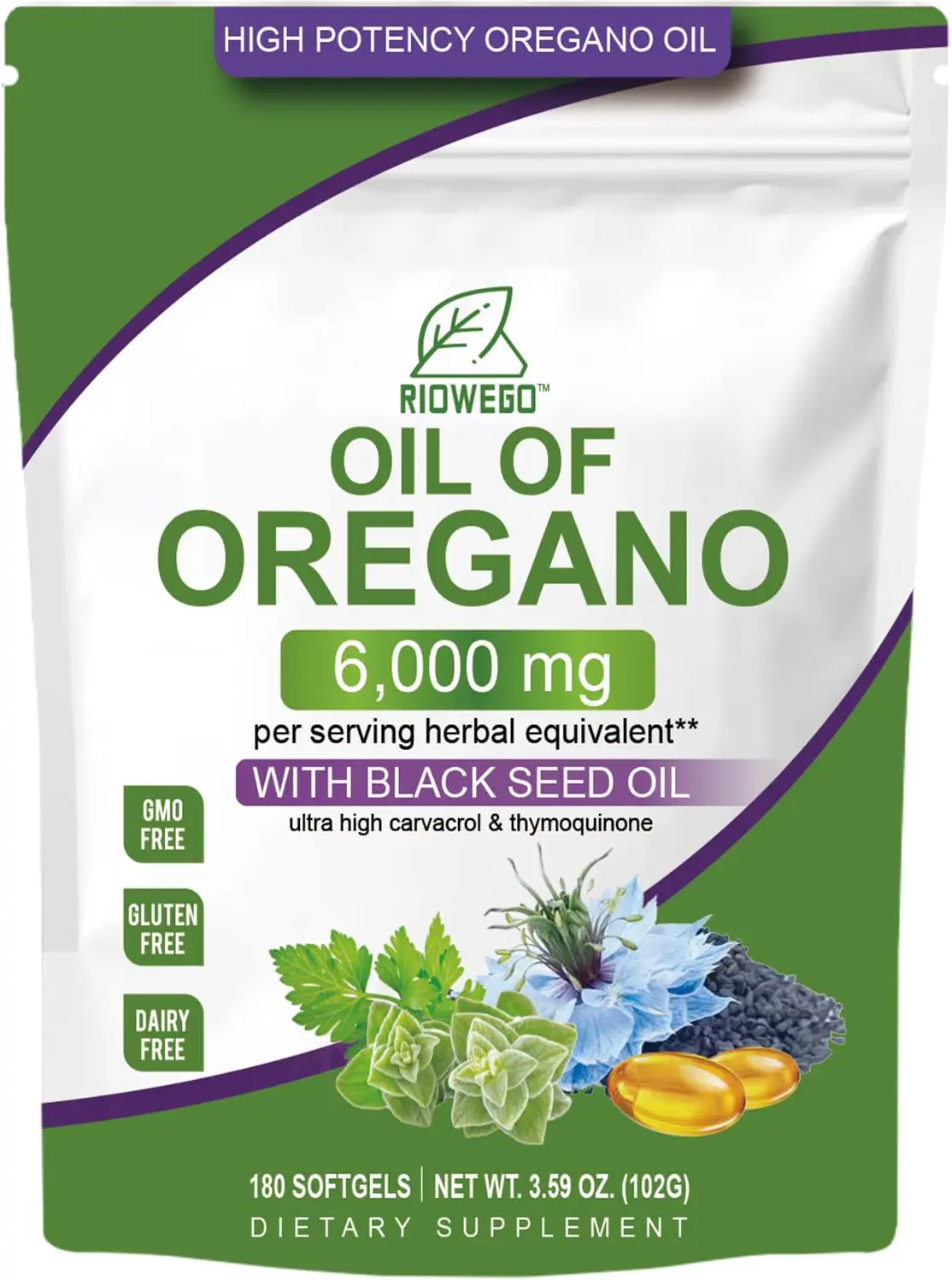 RIOWEGO Oil of Oregano Softgels with Black Seed Oil, 180 Count