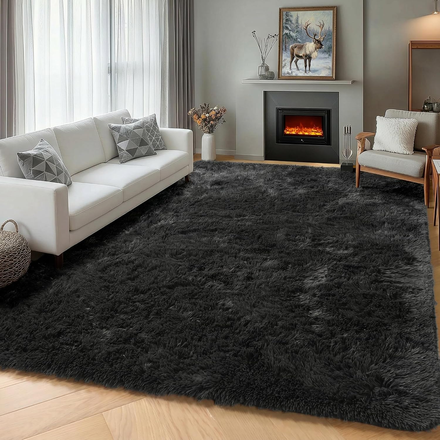 Black 6x9 Fluffy Shag Area Rug for Bedroom & Living Room