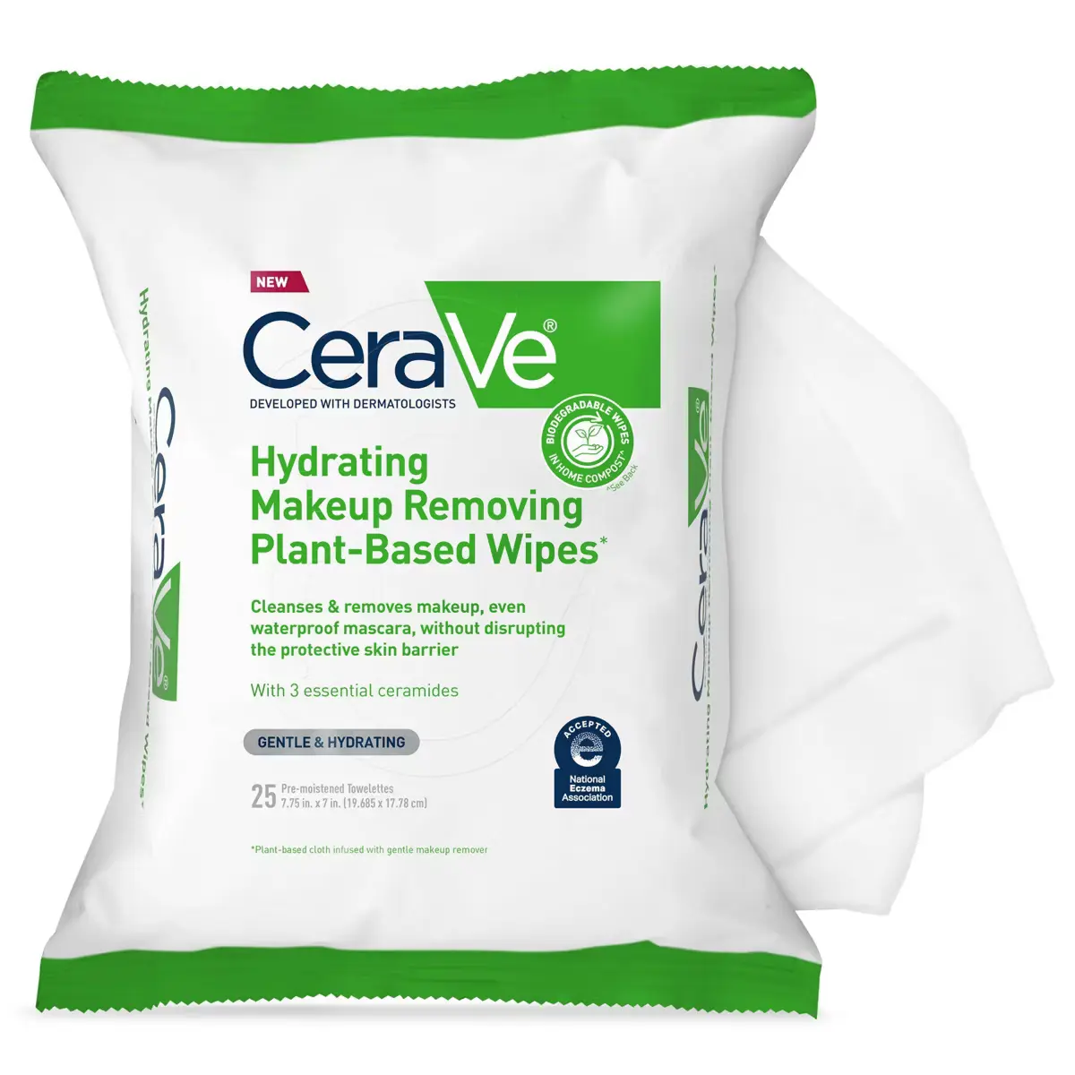 CeraVe Hydrating Makeup Remover Wipes, Plant-Based, Fragrance-Free, 25ct